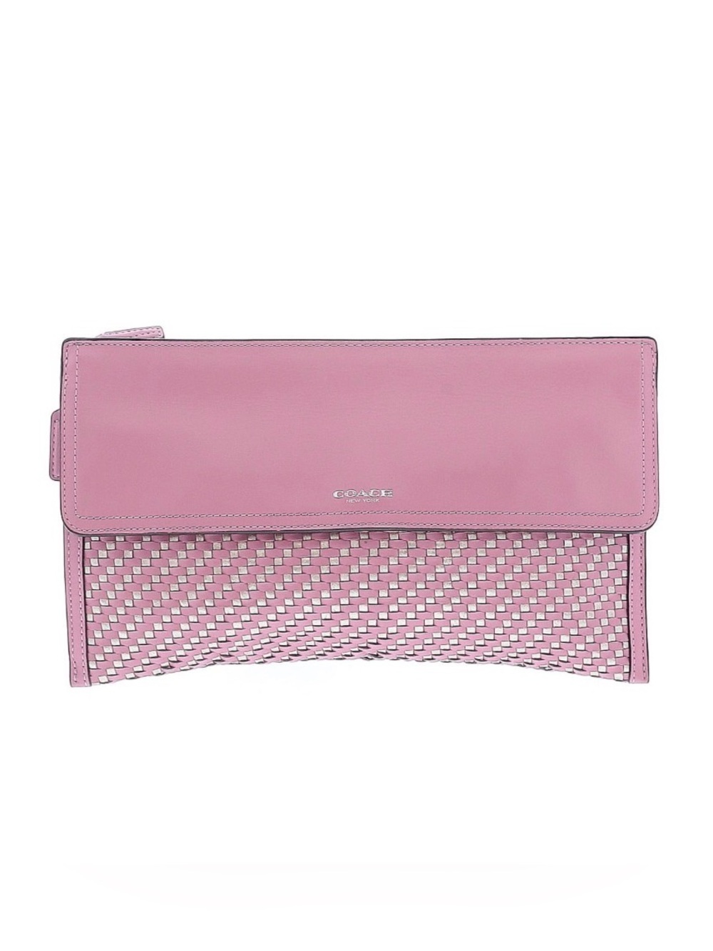 Coach Metallic Woven Leather Fold Over Clutch Pink & Rose Gold